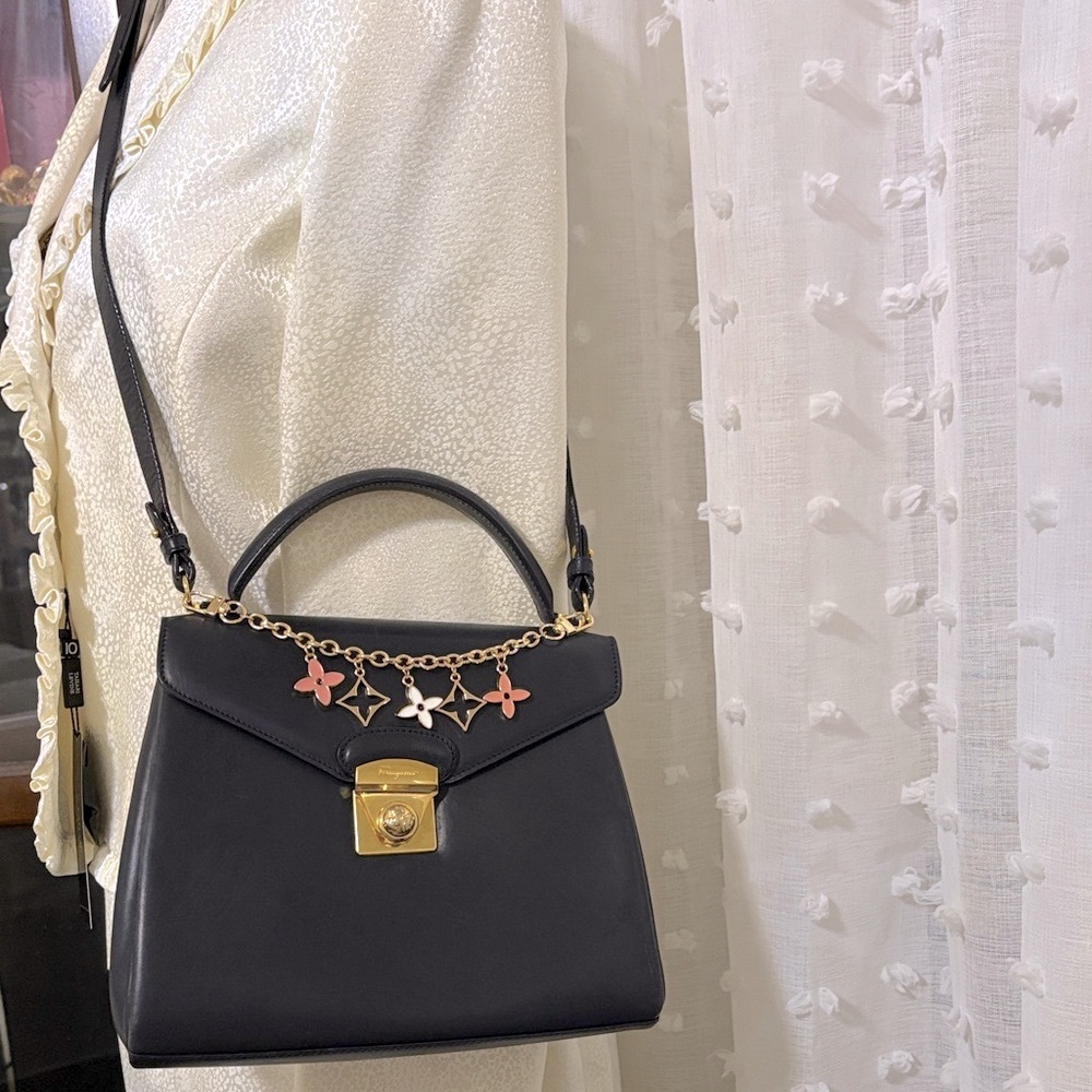 EUC Ferragamo Elegant Black Leather Handbag with Gold Accents - Picture 7 of 16